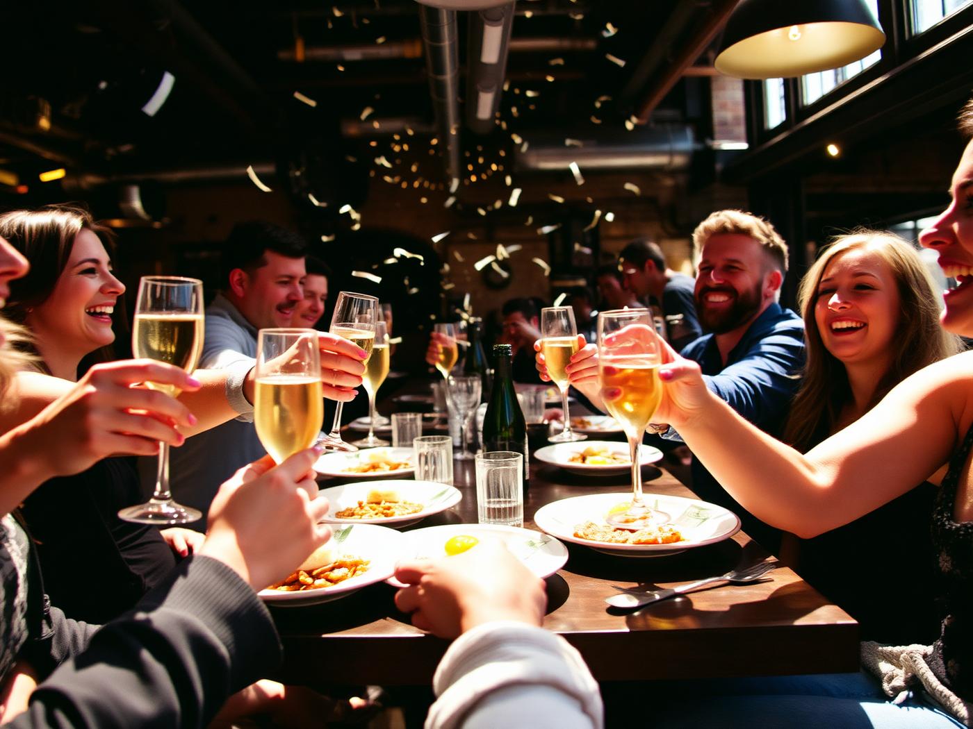 Friends toasting glasses over a table of brunch plates