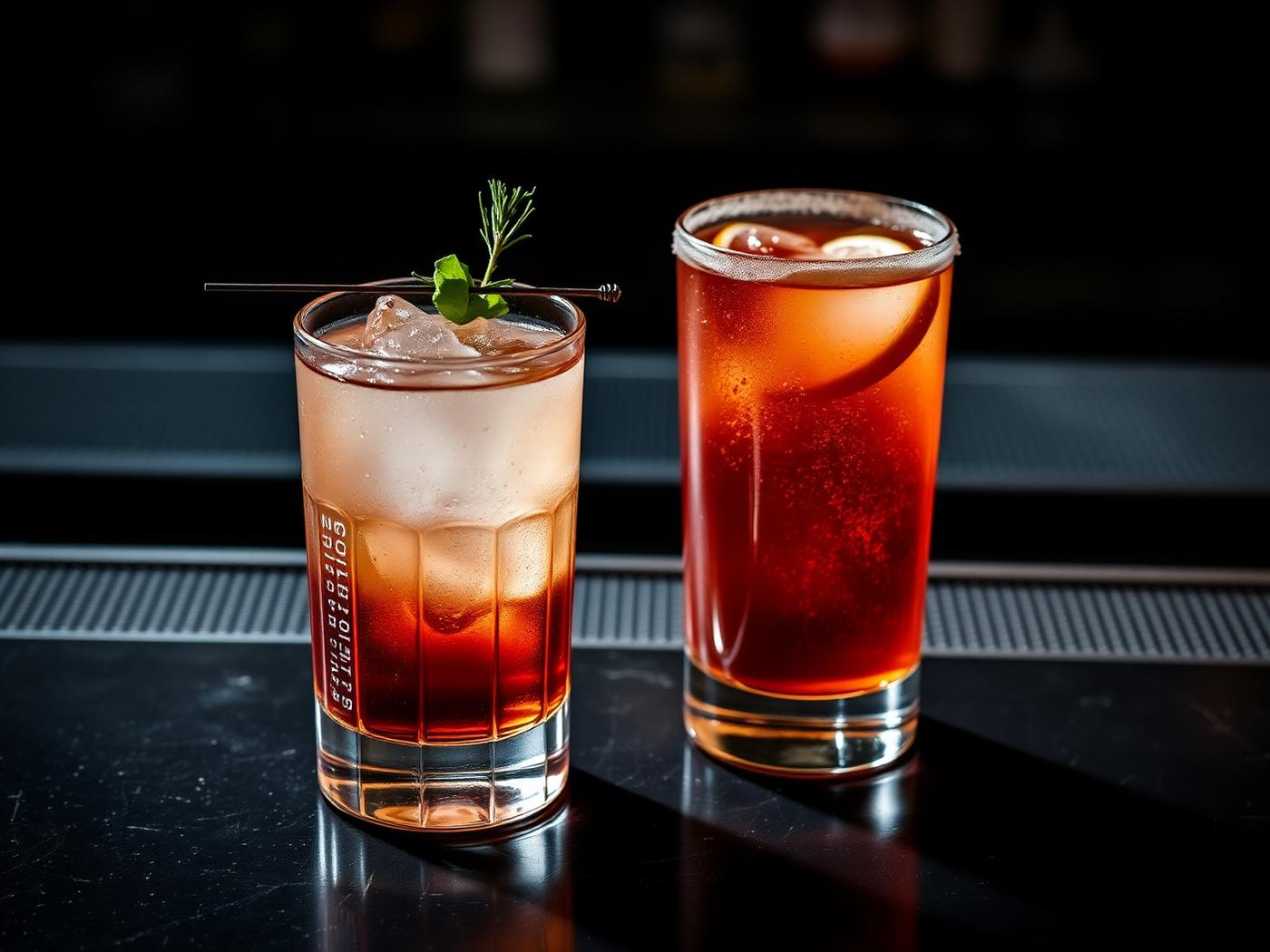 Two cocktails on a dark bar top