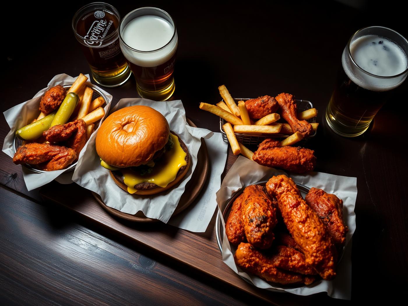A loaded burger and fries on a metal tray