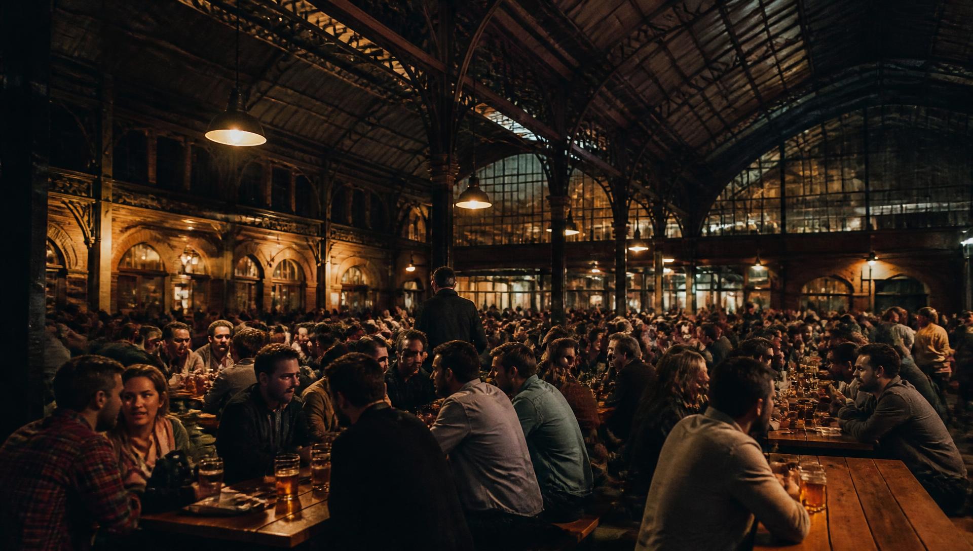 A packed Steam beer hall in Bristol, festoon lights above long communal tables