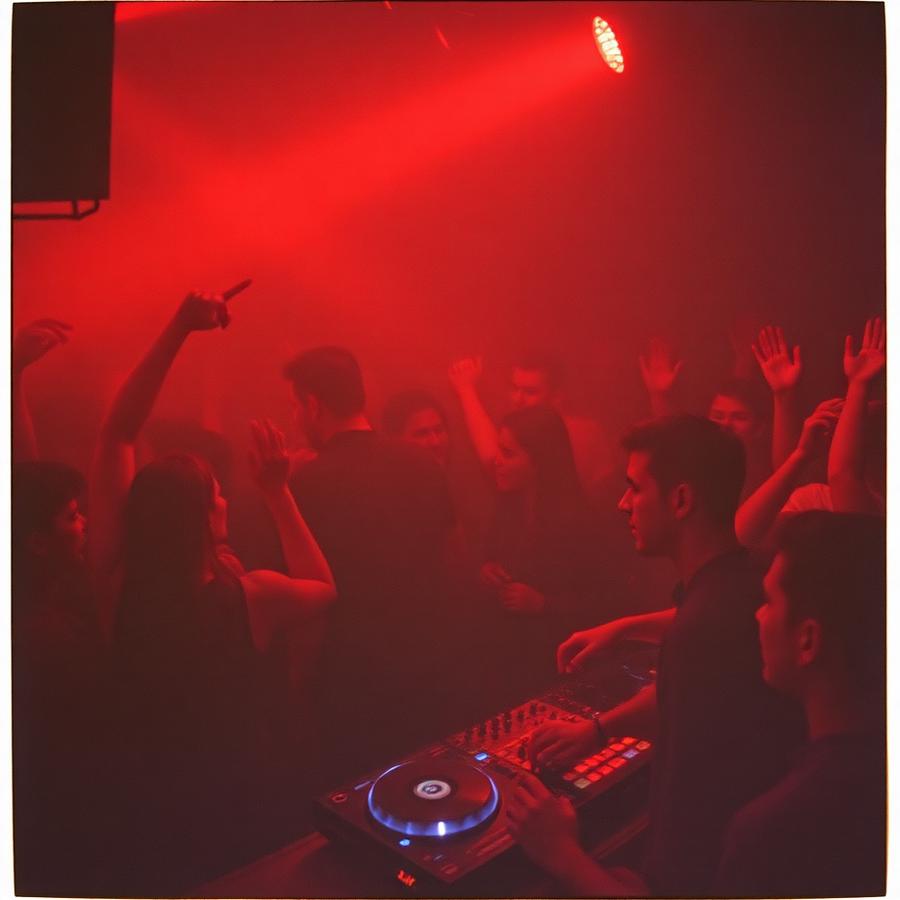 DJ playing to a red-lit crowd