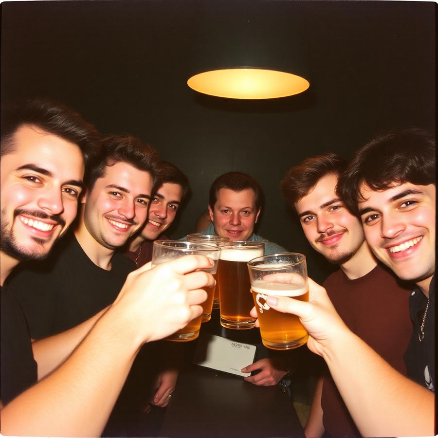 Friends toasting pints on a flash photo