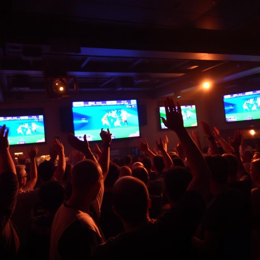 Crowd celebrating in front of the sport screens