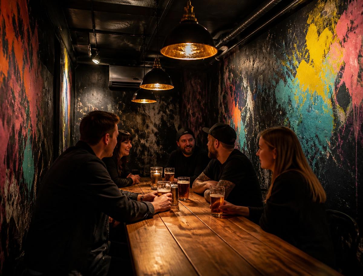 Group of friends with pints around a long table in a dark private side room